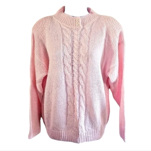 Sterling Harris Pink Cable Knit Sweater M 80s Vintage Mock Neck Pearl Button - Picture 2 of 7